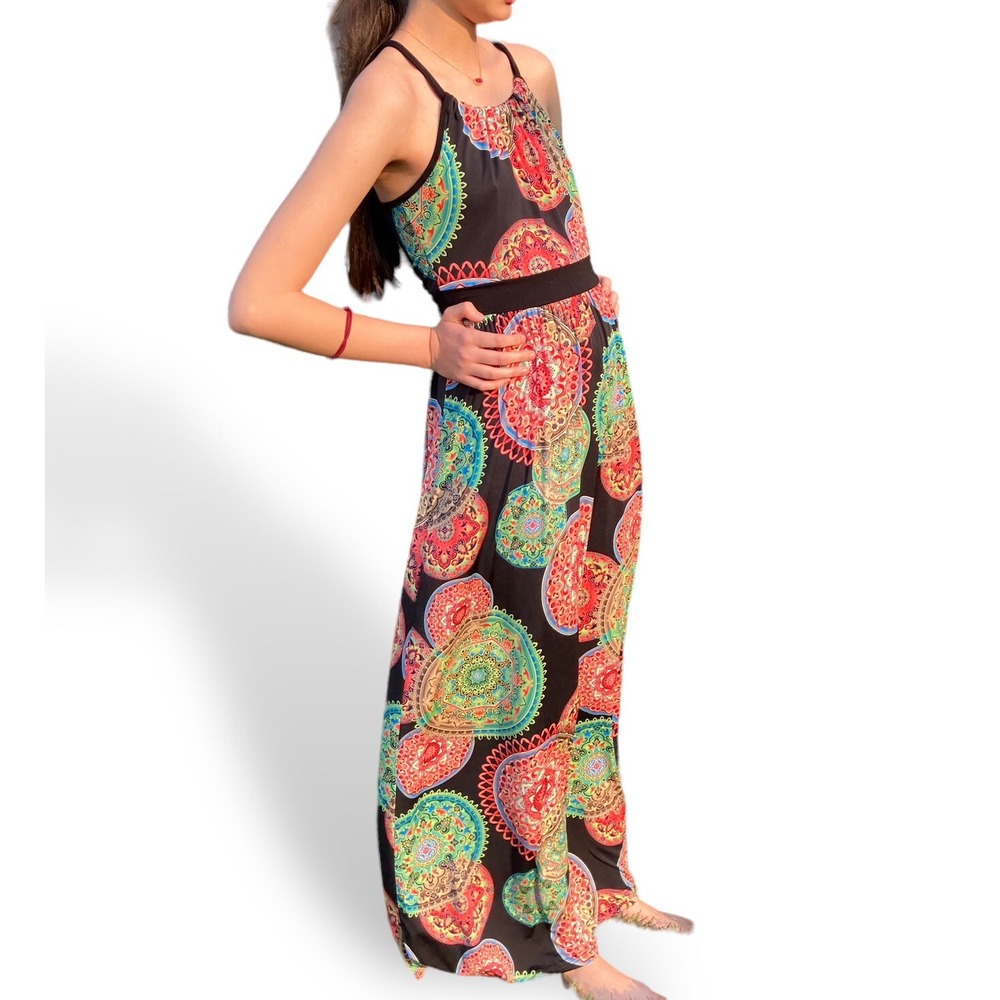 Tua Sleeveless MAXI Dress SMALL Boho green orange Colorful Stretch Back Tie Long